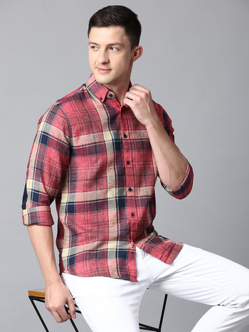 Men's Checkered Red Slim Fit Casual Shirt With Button Down