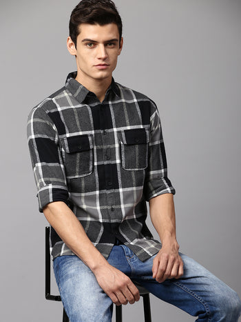 Men's Checkered Black Slim Fit Casual Shirt  Spread Collar