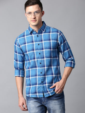 Men's Checkered Blue Slim Fit Casual Shirt With Spread Collar