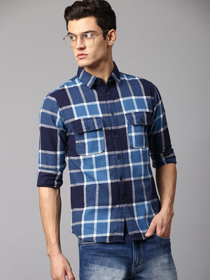 Dennis Lingo Men's Checkered Navy Slim Fit Casual Shirt  Spread Collar
