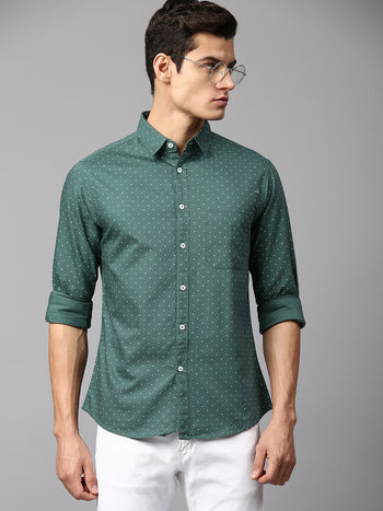 Men's Self-Design Teal Slim Fit Casual Shirt  Spread Collar