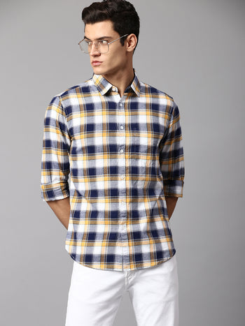 Men's Checkered Yellow Slim Fit Casual Shirt  Spread Collar