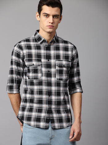 Men's Checkered Black Slim Fit Casual Shirt  Spread Collar