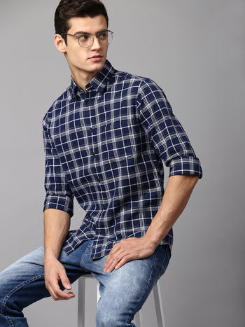 Men's Checkered Navy Slim Fit Casual Shirt  Spread Collar