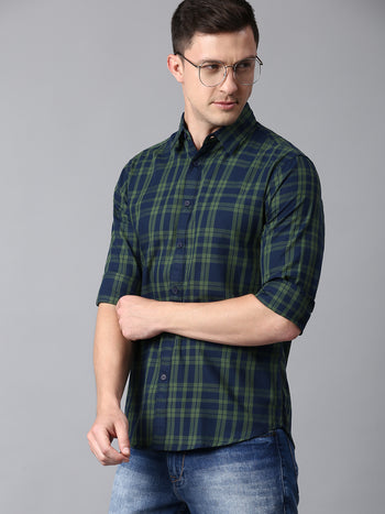 Men's Checkered Green Slim Fit Casual Shirt With Spread Collar