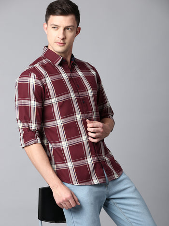 Men's Checkered Maroon Slim Fit Casual Shirt With Spread Collar