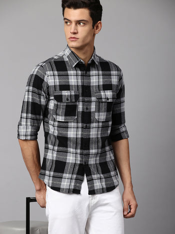 Men's Checkered Black Slim Fit Casual Shirt  Spread Collar