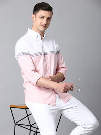 Men's Color Block Peach Slim Fit Casual Shirt With Spread Collar