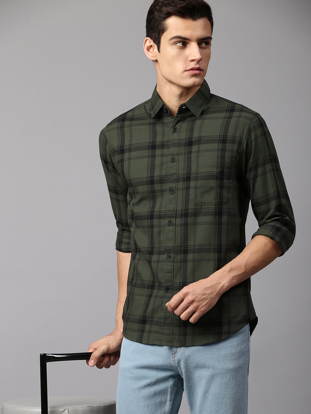 Men's Checkered Olive Slim Fit Casual Shirt Spread Collar – DENNIS LINGO