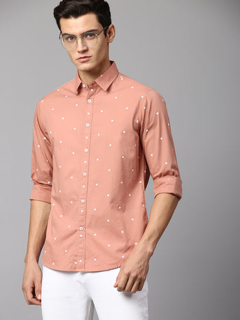 Men's Self-Design Dusty Pink Slim Fit Casual Shirt  Spread Collar