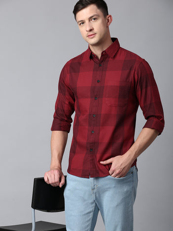 Men's Checkered Red Slim Fit Casual Shirt With Spread Collar