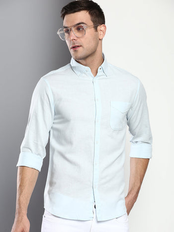 Men's Solid Slim Fit Cotton Linen Casual Shirt With Button-Down Collar & Full Sleeves