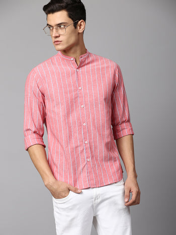 Men's Striped Peach Slim Fit Casual Shirt Mandarin Collar