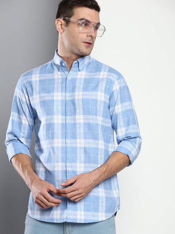 Men's Checkered Slim Fit Cotton Linen Casual Shirt With Button-Down Collar & Full Sleeves