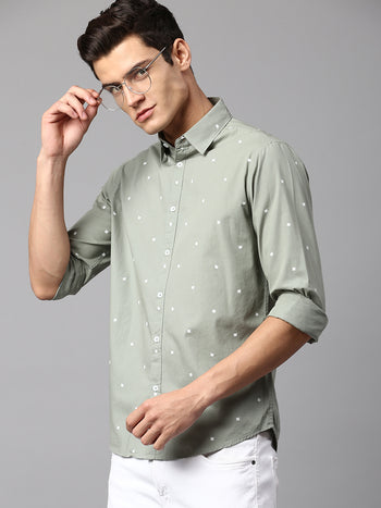 Men's Printed Dusty Green Slim Fit Casual Shirt  Spread Collar