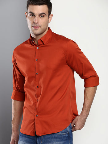 Men's Solid Slim Fit Satin Lycra Casual Shirt With Concealed Button Down & Full Sleeves