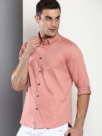 Men's Solid Slim Fit Satin Lycra Casual Shirt With Concealed Button Down & Full Sleeves