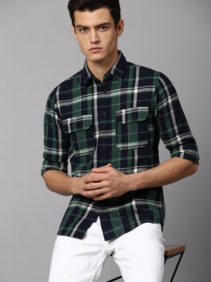Dennis Lingo Men's Checkered Olive Slim Fit Casual Shirt  Spread Collar