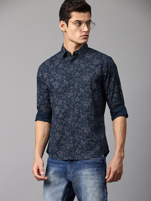 Dennis Lingo Men's Botanic Print Navy Slim Fit Casual Shirt  Spread Collar