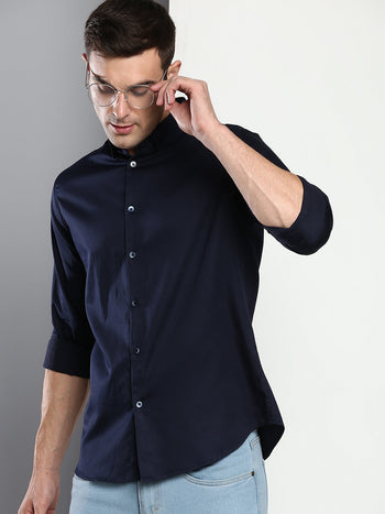 Men's Solid Slim Fit Satin Lycra Casual Shirt With Concealed Button Down & Full Sleeves