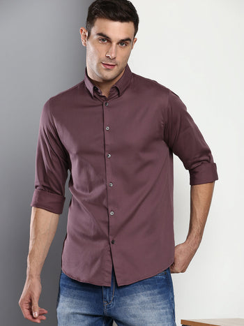 Men's Solid Slim Fit Satin Lycra Casual Shirt With Concealed Button Down & Full Sleeves