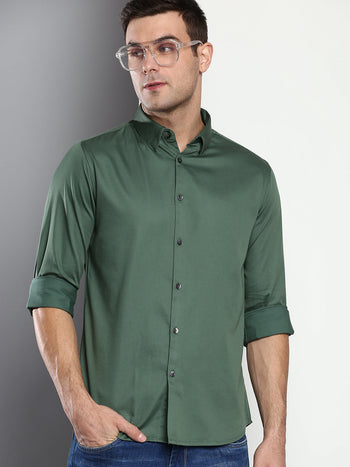 Men's Solid Slim Fit Satin Lycra Casual Shirt With Concealed Button Down & Full Sleeves