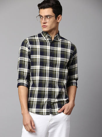 Men's Checkered Green Slim Fit Casual Shirt Button Down Collar