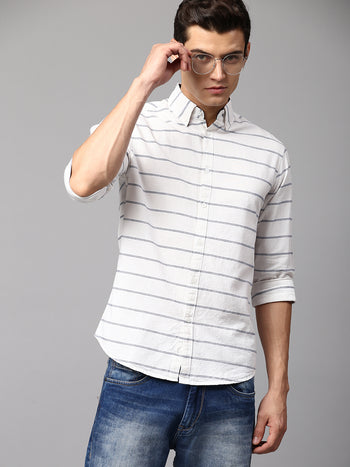 Men's Striped White Slim Fit Casual Shirt Button-Down Collar