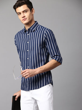 Men's Striped Navy Slim Fit Casual Shirt  Spread Collar