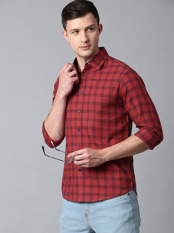 Men's Checkered Red Slim Fit Casual Shirt With Spread Collar