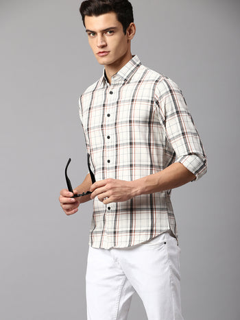 Men's Checkered Cream Slim Fit Casual Shirt  Spread Collar