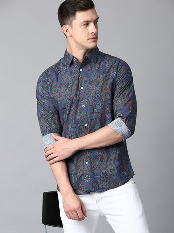 Men's Embellished Blue Slim Fit Casual Shirt With Spread Collar