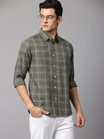 Men's Checkered Olive Slim Fit Casual Shirt  Spread Collar