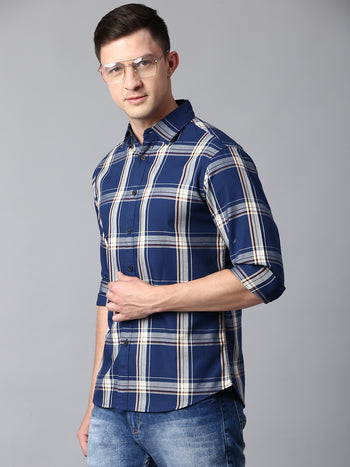 Men's Checkered Blue Slim Fit Casual Shirt With Spread Collar