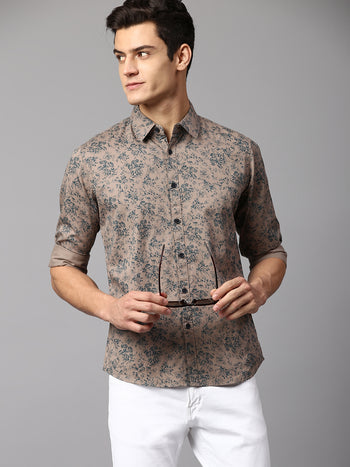 Men's Botanic Print Brown Slim Fit Casual Shirt  Spread Collar