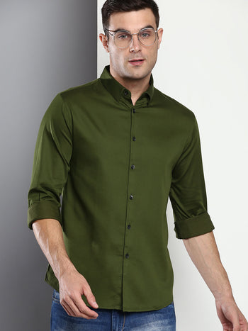 Men's Solid Slim Fit Satin Lycra Casual Shirt With Concealed Button Down & Full Sleeves