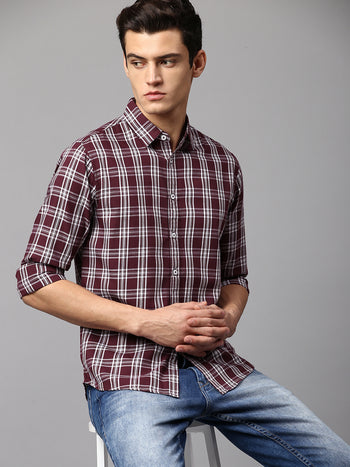 Men's Checkered Burgundy Slim Fit Casual Shirt Spread Collar