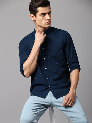 Dennis Lingo Men's Printed Navy Slim Fit Casual Shirt Mandarin Collar