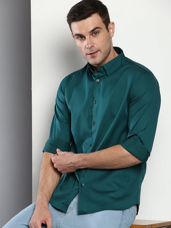 Men's Solid Slim Fit Satin Lycra Casual Shirt With Concealed Button Down & Full Sleeves