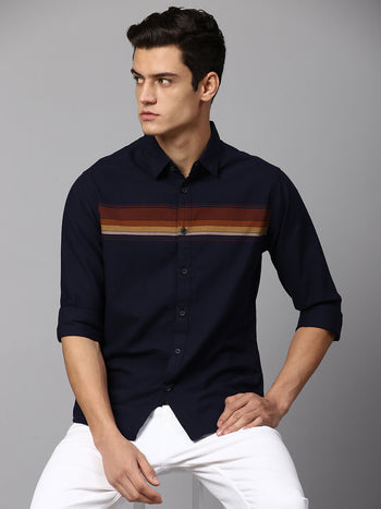 Men's Striped Navy Slim Fit Casual Shirt  Spread Collar