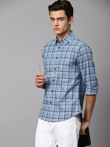 Men's Checkered Dusty Blue Slim Fit Casual Shirt  Spread Collar