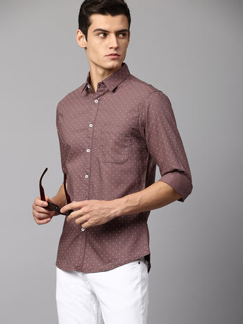 Men's Self-Design Brown Slim Fit Casual Shirt  Spread Collar