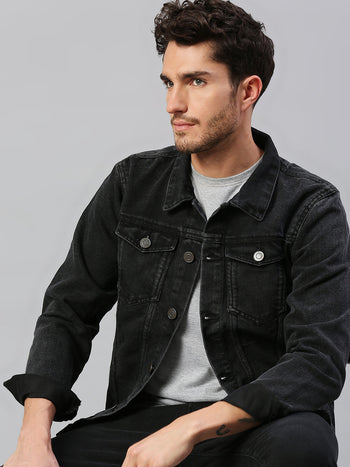 Men's Regular Fit Long Sleeve Button Down Denim Jacket (Washed Black)