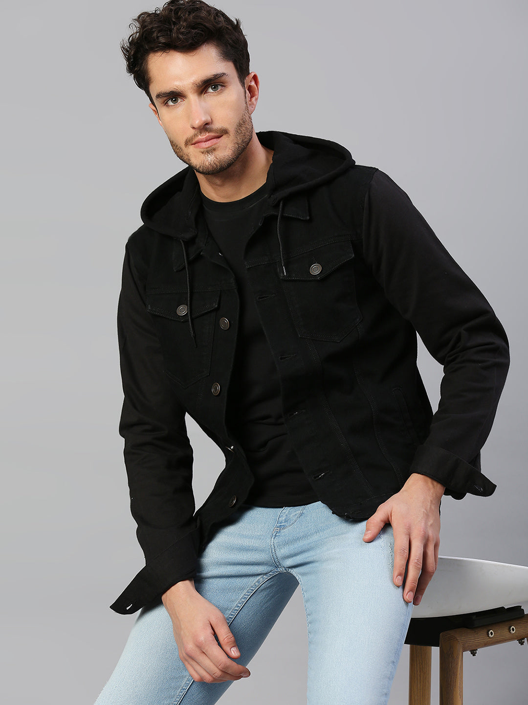 Black denim jacket and hoodie on sale