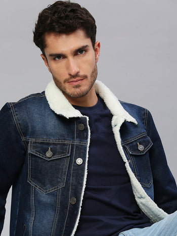 Men's Regular Fit Long Sleeve Button Down Fur Collar Denim Jacket Winterwear Shearling Jacket (Indigo)