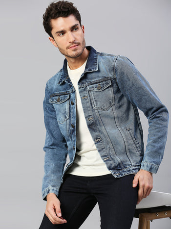 Men's Regular Fit Long Sleeve Button Down Panel Denim Jacket Lightweight Trucker Jacket (Fadded Indigo)