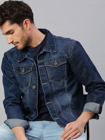 Men's Regular Fit Long Sleeve Button Down Denim Jacket (Midnight Blue)