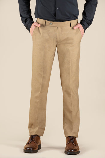 Men's Beige Slim Fit Non Stretch Formal Trouser With Flat Front