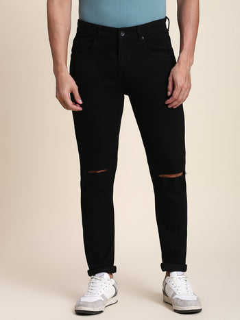 Men's Slim Fit Torn Black Jeans With 5-Pockets Mid-Rise Stretchable Waistband & Belt Loops