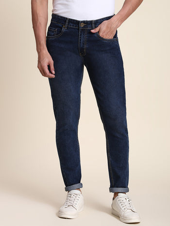 Men's Slim Fit Denim Blue Jeans With 5-Pockets Mid-Rise Stretchable Waistband & Belt Loops